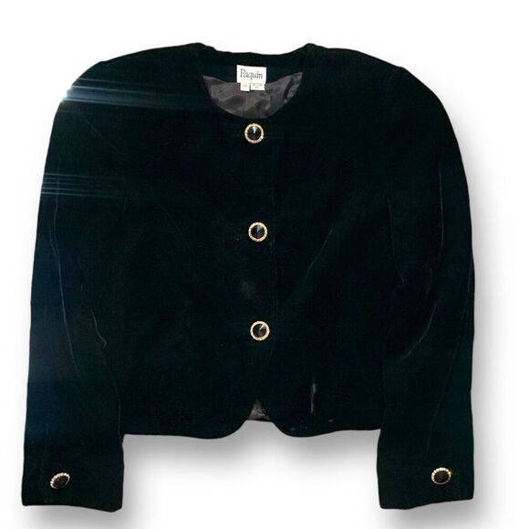 Vintage 90s Black Velvet Cropped Collarless Blazer Jacket Gold Button Elegant 8 - Picture 8 of 8